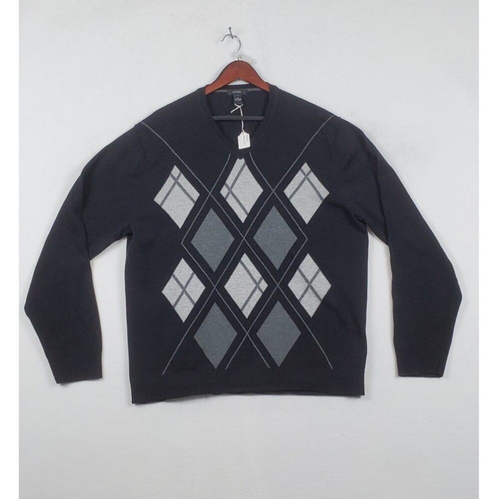 Alfani V-Neck Sweater, Black Argyle, Men Size XL, PRE-OWNED